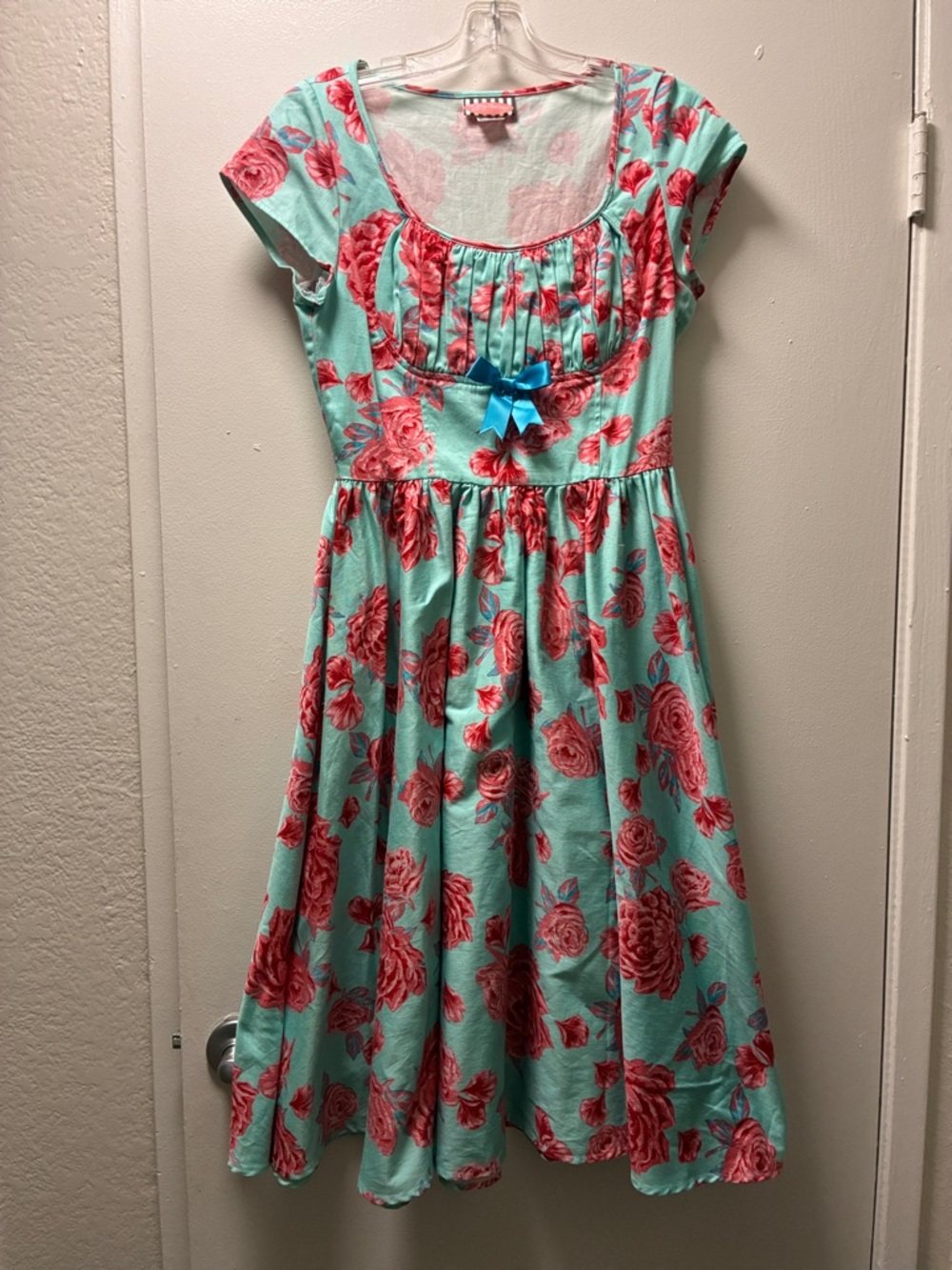 Pinup Couture Mint Green Dress with Pink Rose Print and bolero